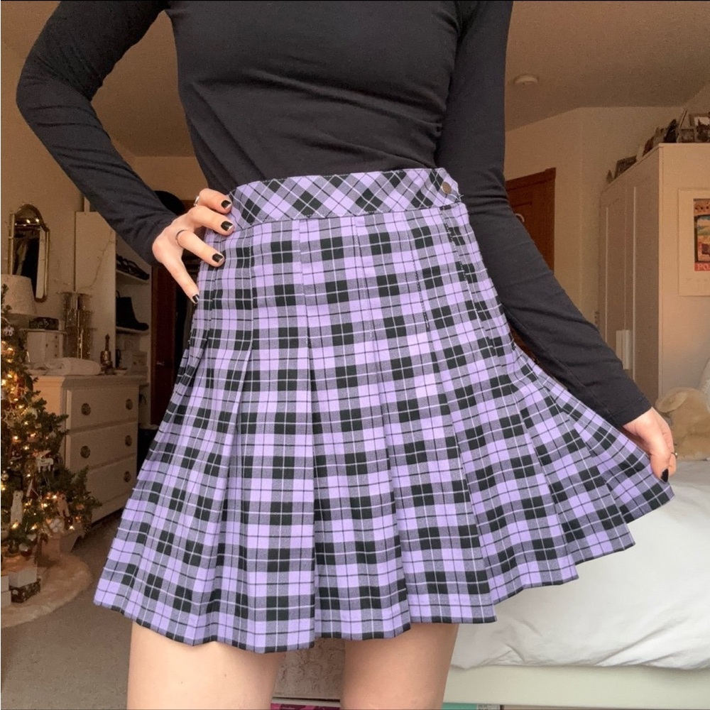 Pleated purple plaid mini skirt